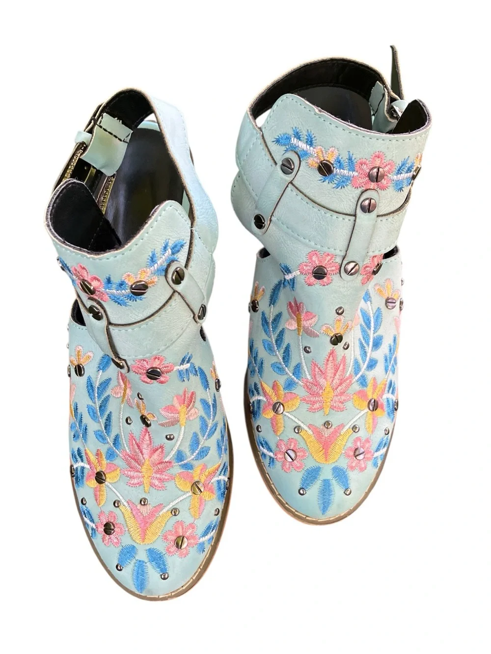 Embroidered Floral Western Mule Heels Aqua Boho Festival Sz 7 - Picture 1 of 6